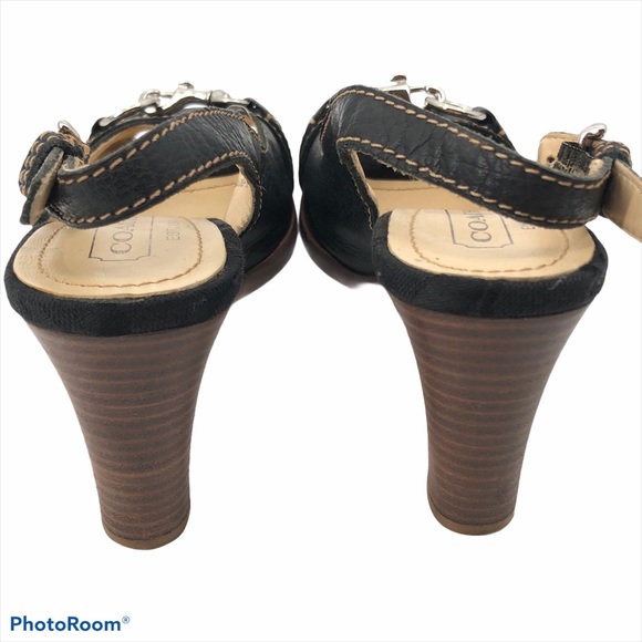 Coach Blk Leather Esmeralda Peep Toe Heels Size 5B - Picture 8 of 11